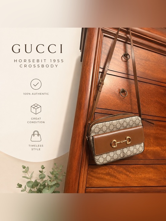 Gucci Handbags - Gucci Beige GG Canvas Crossbody with Brown Leather & Gold Horsebit
